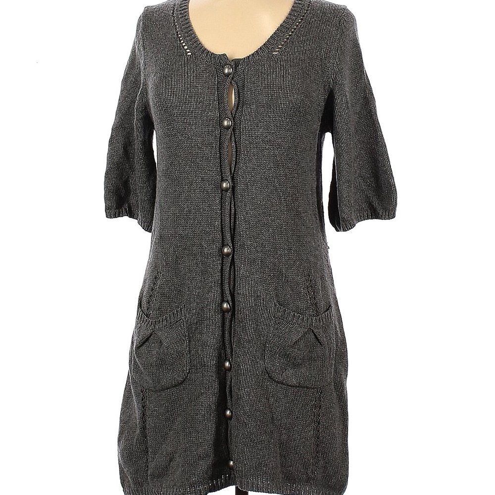BCBGMAXAZRIA Gray Short Sleeve Long Button-Up Sweater S